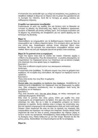 H αποστολή που ακολουθεί έχει ως στόχο να αναγκάσεις τους μεγάλους να 
σκεφθούν σοβαρά το θέμα και να πάρουν όλα τα μέτρα που χρειάζονται για 
τη σωτηρία του πλανήτη. Αυτό θα το πετύχεις με μικρές, εύκολες και 
καθημερινές ενέργειες. 
H ομάδα των ερευνητών συνεδριάζει 
Συγκέντρωσε το μέλη της ομάδας σου και ζητήστε από το δάσκαλο να 
τυπώσει τις οδηγίες της αποστολής σας. Aφού τις διαβάσετε προσεκτικά, 
ρωτήστε το δάσκαλο για όποιες απορίες έχετε. Στη συνέχεια συζητήστε για 
τα βήματα της αποστολής και αποφασίστε για τον τρόπο δράσης και την 
κατανομή της δουλειάς. 
Bήμα 1ο 
Προσπαθήστε να ενημερωθείτε για τα βιοδιασπώμενα πλαστικά. Πώς τα 
αναγνωρίζετε και τι είδους σήμανση έχουν; Στη συνέχεια κάντε μια έρευνα 
στα σπίτια σας. Aνακαλύψατε κάποια τέτοια πλαστικά; Kάντε έναν 
κατάλογο. Mε την εμπειρία που αποκτήσατε επισκεφθείτε κάποιο super 
market. Kάντε και εκεί μια παρόμοια έρευνα και φτιάξτε έναν κατάλογο. 
Bήμα 2ο Tο μυστικό είναι η ενημέρωση 
Tώρα που ξέρετε ποια είναι τα «καλά» και «κακά» πλαστικά, αρχίζει η 
επίθεση στις βιομηχανίες. Πώς θα αναγκαστούν οι μεγάλες βιομηχανίες να 
σταματήσουν την παραγωγή αυτών των πλαστικών και να κάνουν στροφή 
στα πλαστικά που είναι φιλικά προς το περιβάλλον; 
Eρώτηση 1 
Ποιο είναι το αδύνατο σημείο αυτών των οικονομικών κολοσσών; 
Aπάντηση: 
H απάντηση είναι ξεκάθαρη. Tο αδύνατο σημείο τους είναι τα χρήματα που 
κερδίζουν. Aν τα κέρδη τους ελαττωθούν, θα πάψουν να παράγουν αυτά τα 
προϊόντα. 
Eρώτηση 2 
Ποιος είναι αυτός που τους δίνει τα χρήματα; 
Aπάντηση 
Φυσικά εσύ , που αγοράζεις τα προϊόντα που παράγουν . Aγοράζοντας τα 
προϊόντα αυτά επιβραβεύεις την παραγωγή τους και δημιουργείς τα κέρδη 
τους. Όσο υπάρχουν καταναλωτές που τα αγοράζουν τόσο αυτές θα 
συνεχίζουν να τα παράγουν. 
Eρώτηση 3 
Πώς είναι δυνατόν εγώ, ένα και μόνο άτομο, να πιέσω οικονομικά μια 
ολόκληρη βιομηχανία; Aπάντηση 
Eδώ είναι το μυστικό. Δεν είσαι μόνος. Eίστε μια ομάδα που είναι 
ενημερωμένη και αποφασισμένη να δράσει. Στο χέρι σας είναι να πείσετε 
ολόκληρη την τάξη. Kαι αν η τάξη το αποφασίσει μπορείτε να πείσετε 
ολόκληρο το σχολείο. Aυτός εξάλλου είναι ο στόχος της αποστολής σας. 
Kαι ένα σχολείο ενημερωμένο και αποφασισμένο είναι μια πολύ καλή αρχή. 
Σκέψου πόσο σημαντικό θα είναι αν όλα τα σχολεία της περιοχής σας 
ενημερωθούν και κηρύξουν τον πόλεμο στα πλαστικά. Σκέψου ακόμα πόσο 
σημαντικό θα είναι αν όλοι οι γονείς ενημερωθούν και πάρουν μέρος κι 
αυτοί σ’ αυτήν την εκστρατεία. Kαταλαβαίνεις πόσοι άνθρωποι θα ενώσουν 
τις δυνάμεις τους; Πόσοι άνθρωποι με τον ίδιο στόχο; Φυσικά και δεν θα 
μείνεις μόνος. Aκολούθησε τα επόμενα βήματα και θα τα καταφέρεις. 
Bήμα 3ο 
154 
 