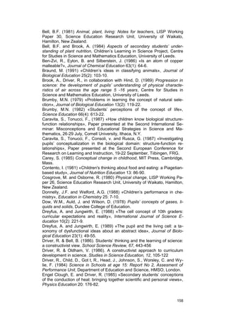 Bell, B.F. (1981) Animal, plant, living: Notes for teachers, LISP Working 
Paper 30, Science Education Research Unit, University of Waikato, 
Hamilton, New Zealand. 
Bell, B.F. and Brook, A. (1984) Aspects of secondary students’ under-standing 
of plant nutrition, Children’s Learning in Science Project, Centre 
for Studies in Science and Mathematics Education, University of Leeds. 
Ben-Zvi, R., Eylon, B. and Silberstein, J. (1986) «Is an atom of copper 
malleable?», Journal of Chemical Education 63(1): 64-6. 
Braund, M. (1991) «Children’s ideas in classifying animals», Journal of 
Biological Education 25(2): 103-10. 
Brook, A., Driver, R., in collaboration with Hind, D. (1989) Progression in 
science: the development of pupils’ understanding of physical characte-ristics 
of air across the age range 5 -16 years, Centre for Studies in 
Science and Mathematics Education, University of Leeds. 
Brumby, M.N. (1979) «Problems in learning the concept of natural sele-ction 
», Journal of Biological Education 13(2): 119-22. 
Brumby, M.N. (1982) «Students’ perceptions of the concept of life», 
Science Education 66(4): 613-22. 
Caravita, S., Tonucci, F., (1987) «How children know biological structure-function 
relationships», Paper presented at the Second International Se-minar: 
Misconceptions and Educational Strategies in Science and Ma-thematics, 
26-29 July, Comell University, Ithaca, N.Y. 
Caravita, S., Tonucci, F., Consoli, v. and Rusca, G. (1987) «Investigating 
pupils’ conceptualization in the biological domain: structure-function re-lationships 
», Paper presented at the Second European Conference for 
Research on Learning and Instruction, 19-22 September, Tiibingen, FRG. 
Carey, S. (1985) Conceptual change in childhood, MIT Press, Cambridge, 
Mass. 
Contento, I. (1981) «Children's thinking about food and eating: a Piagetian-based 
study», Journal of Nutrition Education 13: 86-90. 
Cosgrove, M. and Osborne, R. (1980) Physical change, LISP Working Pa-per 
26, Science Education Research Unit, University of Waikato, Hamilton, 
New Zealand. 
Donnelly, J.F. and Welford, A.G. (1988) «Children’s performance in che-mistry 
», Education in Chemistry 25: 7-10. 
Dow, W.M., Auld, J. and Wilson, D. (1978) Pupils’ concepts of gases, li-quids 
and solids, Dundee College of Education. 
Dreyfus, A. and Jungwirth, E. (1988) «The cell concept of 10th graders: 
curricular expectations and reality», International Journal of Science E-ducation 
10(2): 221-9. 
Dreyfus, A. and Jungwirth, E. (1989) «The pupil and the living cell: a ta-xonomy 
of dysfunctional ideas about an abstract idea», Journal of Biolo-gical 
Education 23(1): 49-55. 
Driver, R. & Bell, B. (1986). Students’ thinking and the learning of science: 
a constructivist view. School Science Review, 67, 443-456 
Driver, R. & Oldham, V. (1986). A constructivist approach to curriculum 
development in science. Studies in Science Education, 12, 105-122 
Driver, R., Child, D., Got t, R., Head, J., Johnson, S., Worsley, C. and Wy-lie, 
F. (1984) Science in Schools at age 15: Report No 2, Assesment of 
Performance Unit, Department of Education and Science, HMSO, London. 
Engel Clough, E. and Driver, R. (1985) «Secondary students’ conceptions 
of the conduction of heat: bringing together scientific and personal views», 
Physics Education 20: 176-82. 
158 
 