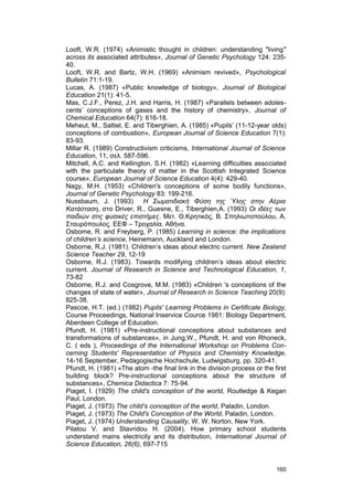 Looft, W.R. (1974) «Animistic thought in children: understanding "living" 
across its associated attributes», Journal of Genetic Psychology 124: 235- 
40. 
Looft, W.R. and Bartz, W.H. (1969) «Animism revived», Psychological 
Bulletin 71:1-19. 
Lucas, A. (1987) «Public knowledge of biology», Journal of Biological 
Education 21(1): 41-5. 
Mas, C.J.F., Perez, J.H. and Harris, H. (1987) «Parallels between adoles-cents’ 
conceptions of gases and the history of chemistry», Journal of 
Chemical Education 64(7): 616-18. 
Meheut, M., Saltiel, E. and Tiberghien, A. (1985) «Pupils’ (11-12-year olds) 
conceptions of combustion», European Journal of Science Education 7(1): 
83-93. 
Millar R. (1989) Constructivism criticisms, International Journal of Science 
Education, 11, σελ. 587-596. 
Mitchell, A.C. and Kellington, S.H. (1982) «Learning difficulties associated 
with the particulate theory of matter in the Scottish Integrated Science 
course», European Journal of Science Education 4(4): 429-40. 
Nagy, M.H. (1953) «Children's conceptions of some bodily functions», 
Journal of Genetic Psychology 83: 199-216. 
Nussbaum, J. (1993) Η Σωματιδιακή Φύση της Ύλης στην Αέρια 
Κατάσταση, στο Driver, R., Guesne, E., Tiberghien,A. (1993) Οι ιδέες των 
παιδιών στις φυσικές επιστήμες. Μετ. Θ.Κρητικός, Β. Σπηλιωτοπούλου, Α. 
Σταυρόπουλος. ΕΕΦ – Τροχαλία. Αθήνα. 
Osbome, R. and Freyberg, P. (1985) Learning in science: the implications 
of children’s science, Heinemann, Auckland and London. 
Osborne, R.J. (1981). Children’s ideas about electric current. New Zealand 
Science Teacher 29, 12-19 
Osborne, R.J. (1983). Towards modifying children’s ideas about electric 
current. Journal of Research in Science and Technological Education, 1, 
73-82 
Osborne, R.J. and Cosgrove, M.M. (1983) «Children 's conceptions of the 
changes of state of water», Journal of Research in Science Teaching 20(9): 
825-38. 
Pascoe, H.T. (ed.) (1982) Pupils' Learning Problems in Certificate Biology, 
Course Proceedings, National Inservice Cource 1981: Biology Department, 
Aberdeen College of Education. 
Pfundt, H. (1981) «Pre-instructional conceptions about substances and 
transformations of substances», in Jung,W., Pfundt, H. and von Rhoneck, 
C. ( eds ), Proceedings of the International Workshop on Problems Con-cerning 
Students' Representation of Physics and Chemistry Knowledge, 
14-16 September, Pedagogische Hochschule, Ludwigsburg, pp. 320-41. 
Pfundt, H. (1981) «The atom -the final link in the division process or the first 
building block? Pre-instructional conceptions about the structure of 
substances», Chemica Didactica 7: 75-94. 
Piaget, I. (1929) The child's conception of the world, Routledge & Kegan 
Paul, London. 
Piaget, J. (1973) The child’s conception of the world, Paladin, London. 
Piaget, J. (1973) The Child's Conception of the World, Paladin, London. 
Piaget, J. (1974) Understanding Causality, W. W. Norton, New York. 
Pilatou V. and Stavridou H. (2004). How primary school students 
understand mains electricity and its distribution, International Journal of 
Science Education, 26(6), 697-715 
160 
 
