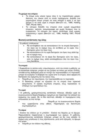 Tο χρώμα του ατόμου 
· Τα άτομα ενός υλικού έχουν όλες ή τις περισσότερες μακρο- 
ιδιότητες του υλικού από το οποίο προέρχονται. Δηλαδή ένα 
μεμονωμένο άτομο μπορεί να είναι σκληρό ή κρύο ή να έχει 
χρώμα ή να είναι υγρό ή στερεό (Ben-Zvi κ.ά., 1986, Holding 
1987, Pfundt 1981). 
· Τα «άτομα» δηλαδή του στερεού είναι «μικρά κομματάκια 
στερεού», ακίνητα, ανομοιόμορφα και χωρίς δυνάμεις που τα 
συγκρατούν. Tα «άτομα» του υγρού, αντίστοιχα, είναι «μικρές 
σταγονίτσες» υγρού (Ben-Zvi κ.ά., 1986, Holding 1987, Pfundt 
1981). 
Φυσική κατάσταση της ύλης 
Oι μαθητές επιδιώκεται: 
· Να αντιληφθούν και να κατανοήσουν ότι τα στερεά διατηρούν 
τον όγκο και το σχήμα τους, σε αντίθεση με τα υγρά, που 
διατηρούν μόνο τον όγκο τους. 
· Να κατανοήσουν ότι τα υγρά διατηρούν τον όγκο τους αλλά όχι 
και το σχήμα τους. 
· Να κατανοήσουν ότι τα αέρια δεν διατηρούν ούτε τον όγκο, 
ούτε το σχήμα τους, αλλά καταλαμβάνουν όλο τον όγκο που 
τους διατίθεται. 
Τα στερεά 
 Εμφανίζεται το σκίτσο ενός «πρωτόγονου», από τον οποίο ο μαθητής, με 
τα κατάλληλα πλήκτρα, μπορεί να του ζητήσει να πιέσει μια πέτρα. Επίσης, 
τοποθετώντας διαδοχικά μέσα σε ποτήρι την πορτοκαλάδα ή το πορτοκάλι, 
μπορεί να συγκρίνει τη διαφορά του υγρού από το στερεό, όσον αφορά στη 
διατήρηση του σχήματος και του όγκου τους. 
· Παιχνίδι με τον πρωτόγονο, την πορτοκαλάδα και το πορτοκάλι. 
· Ο δάσκαλος μπορεί να εξηγήσει ότι τα στερεά είναι πρακτικά 
ασυμπίεστα. Η οριακή συμπίεση στερεού, ίσως προκαλέσει το 
σπάσιμο των κρυστάλλων του. 
Τα υγρά 
 Ο μαθητής, χρησιμοποιώντας κατάλληλα πλήκτρα, αδειάζει υγρό σε 
συγκοινωνούντα δοχεία διαφόρων σχημάτων και παρατηρεί την αλλαγή του 
σχήματος του υγρού. Με το ίδιο σκεπτικό, αδειάζει το περιεχόμενο ενός 
μπουκαλιού σε ένα ποτήρι. 
· Παιχνίδι με τα συγκοινωνούντα δοχεία 
που εμφανίζονται στην οθόνη. Παρατήρηση και διατύπωση 
συμπερασμάτων. 
Τα αέρια 
 Εικόνα του κλόουν με το μπαλόνι - Εικόνα του δοχείου με το άρωμα. 
Παρουσιάζεται παραστατικά η συμπεριφορά των αερίων. Ο μαθητής, 
χρησιμοποιώντας κατάλληλα πλήκτρα, μπορεί να δει πώς αλλάζει το 
σχήμα ενός μπαλονιού ή πώς εξαπλώνεται, μετά από εξάτμιση, το άρωμα 
στο χώρο. 
· παιχνίδι με τον κλόουν της οθόνης 
35 
 