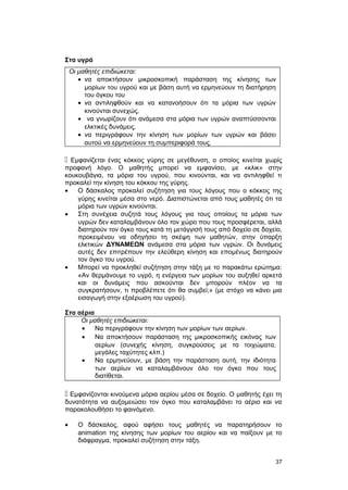 Στα υγρά 
Oι μαθητές επιδιώκεται: 
· να αποκτήσουν μικροσκοπική παράσταση της κίνησης των 
μορίων του υγρού και με βάση αυτή να ερμηνεύουν τη διατήρηση 
του όγκου του 
· να αντιληφθούν και να κατανοήσουν ότι τα μόρια των υγρών 
κινούνται συνεχώς. 
· να γνωρίζουν ότι ανάμεσα στα μόρια των υγρών αναπτύσσονται 
ελκτικές δυνάμεις. 
· να περιγράφουν την κίνηση των μορίων των υγρών και βάσει 
αυτού να ερμηνεύουν τη συμπεριφορά τους. 
 Εμφανίζεται ένας κόκκος γύρης σε μεγέθυνση, ο οποίος κινείται χωρίς 
προφανή λόγο. Ο μαθητής μπορεί να εμφανίσει, με «κλικ» στην 
κουκουβάγια, τα μόρια του υγρού, που κινούνται, και να αντιληφθεί τι 
προκαλεί την κίνηση του κόκκου της γύρης. 
· Ο δάσκαλος προκαλεί συζήτηση για τους λόγους που ο κόκκος της 
γύρης κινείται μέσα στο νερό. Διαπιστώνεται από τους μαθητές ότι τα 
μόρια των υγρών κινούνται. 
· Στη συνέχεια συζητά τους λόγους για τους οποίους τα μόρια των 
υγρών δεν καταλαμβάνουν όλο τον χώρο που τους προσφέρεται, αλλά 
διατηρούν τον όγκο τους κατά τη μετάγγισή τους από δοχείο σε δοχείο, 
προκειμένου να οδηγήσει τη σκέψη των μαθητών, στην ύπαρξη 
ελκτικών ΔΥΝΑΜΕΩΝ ανάμεσα στα μόρια των υγρών. Οι δυνάμεις 
αυτές δεν επιτρέπουν την ελεύθερη κίνηση και επομένως διατηρούν 
τον όγκο του υγρού. 
· Μπορεί να προκληθεί συζήτηση στην τάξη με το παρακάτω ερώτημα: 
«Αν θερμάνουμε το υγρό, η ενέργεια των μορίων του αυξηθεί αρκετά 
και οι δυνάμεις που ασκούνται δεν μπορούν πλέον να τα 
συγκρατήσουν, τι προβλέπετε ότι θα συμβεί;» (με στόχο να κάνει μια 
εισαγωγή στην εξαέρωση του υγρού). 
Στα αέρια 
Οι μαθητές επιδιώκεται: 
· Να περιγράφουν την κίνηση των μορίων των αερίων. 
· Να αποκτήσουν παράσταση της μικροσκοπικής εικόνας των 
αερίων (συνεχής κίνηση, συγκρούσεις με τα τοιχώματα, 
μεγάλες ταχύτητες κλπ.) 
· Να ερμηνεύουν, με βάση την παράσταση αυτή, την ιδιότητα 
των αερίων να καταλαμβάνουν όλο τον όγκο που τους 
διατίθεται. 
 Εμφανίζονται κινούμενα μόρια αερίου μέσα σε δοχείο. Ο μαθητής έχει τη 
δυνατότητα να αυξομειώσει τον όγκο που καταλαμβάνει το αέριο και να 
παρακολουθήσει το φαινόμενο. 
· Ο δάσκαλος, αφού αφήσει τους μαθητές να παρατηρήσουν το 
animation της κίνησης των μορίων του αερίου και να παίξουν με το 
διάφραγμα, προκαλεί συζήτηση στην τάξη. 
37 
 