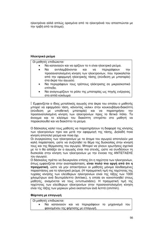 ηλεκτρόνια αλλά απλώς ορισμένα από τα ηλεκτρόνιά του αποσπώνται με 
την τριβή από τα άτομα). 
Ηλεκτρικό ρεύμα 
Οι μαθητές επιδιώκεται: 
· Να κατανοούν και να ορίζουν το τι είναι ηλεκτρικό ρεύμα. 
· Να αντιλαμβάνονται και να περιγράφουν την 
προσανατολισμένη κίνηση των ηλεκτρονίων, που προκαλείται 
από την εφαρμογή ηλεκτρικής τάσης (σύνδεση με μπαταρία) 
στα άκρα του αγωγού. 
· Να περιγράφουν τους τρόπους ηλέκτρισης σε μικροσκοπικό 
επίπεδο. 
· Να αναγνωρίζουν το ρόλο της μπαταρίας ως πηγής ενέργειας 
στο απλό κύκλωμα 
 Εμφανίζεται ο ίδιος μεταλλικός αγωγός στα άκρα του οποίου ο μαθητής 
μπορεί να εφαρμόσει τάση, κάνοντας «κλικ» στην κουκουβάγια-διακόπτη 
(σύνδεση με υποθετική μπαταρία) και να παρατηρήσει την 
προσανατολισμένη κίνηση των ηλεκτρονίων προς το θετικό πόλο. Το 
άνοιγμα και το κλείσιμο του διακόπτη επιτρέπει στο μαθητή να 
παρακολουθεί και να διακόπτει το ρεύμα. 
Ο δάσκαλος καλεί τους μαθητές να παρατηρήσουν τη διαφορά της κίνησης 
των ηλεκτρονίων πριν και μετά την εφαρμογή της τάσης. Δηλαδή ποια 
κίνηση αποτελεί ρεύμα και ποια όχι. 
Οι συγκρούσεις των ηλεκτρονίων με τα άτομα του αγωγού αποτελούν μια 
καλή παράσταση, ώστε να συζητηθεί το θέμα της δυσκολίας στην κίνησή 
τους και της θέρμανσης του αγωγού. Μπορεί να γίνουν ερωτήσεις σχετικά 
με το τι θα αλλάξει αν ο αγωγός είναι πιο στενός, ώστε να συνδέσουν τη 
δυσκολία στην κίνηση των ηλεκτρονίων με την έννοια της ΑΝΤΙΣΤΑΣΗΣ 
του αγωγού. 
Ο δάσκαλος πρέπει να διευκρινίσει επίσης ότι η ταχύτητα των ηλεκτρονίων, 
όπως εμφανίζεται στην αναπαράσταση, είναι πολύ πιο αργή από ότι η 
πραγματική, ώστε να μην αποκτήσουν οι μαθητές μόνιμα λανθασμένες 
παραστάσεις για το ηλεκτρικό ρεύμα. (Η πραγματική τιμή της ταχύτητας της 
τυχαίας κίνησης των ελεύθερων ηλεκτρονίων είναι της τάξης των 1000 
χιλιομέτρων ανά δευτερόλεπτο (km/sec), η οποία αν κοινοποιηθεί στους 
μαθητές, αναμένεται να τους εντυπωσιάσει). Η πραγματική τιμή της 
ταχύτητας των ελεύθερων ηλεκτρονίων στην προσανατολισμένη κίνηση 
είναι της τάξης των μερικών μόνο εκατοστών ανά λεπτό (cm/min). 
Φόρτιση με επαγωγή 
Οι μαθητές επιδιώκεται: 
· Να κατανοούν και να περιγράφουν το μηχανισμό του 
φαινομένου της φόρτισης με επαγωγή. 
56 
 