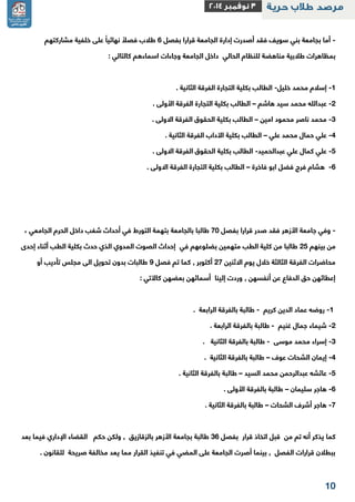 11 
أما بجامعة بني سويف فقد أصدرت إدارة الجامعة قرارا بفصل 2 طلاب فصلًا نهائياً على خلفية مشاركتهم - 
بمظاهرات طلابية مناهضة للنظام الحالي داخل الجامعة وجاءات اسماءهم كالتالي : 
1 إسلام محمد خليل الطالب بكلية التجارة الفرقة الثانية . - - 
2 عبدالله محمد سيد هاشم الطالب بكلية التجارة الفرقة الأولى . – - 
3 محمد ناصر محمود امين الطالب بكلية الحقوق الفرقة الاولى . – - 
2 علي حمال محمد علي الطالب بكلية الآداب الفرقة الثانية . – - 
1 علي كمال علي عبدالحميد الطالب بكلية الحقوق الفرقة الاولى . - - 
-2 هشام فرج فضل ابو فاخرة الطالب بكلية التجارة الفرقة الاولى . – 
وفي جامعة الأزهر فقد صدر قرارا بفصل 21 طالبا بالجامعة بتهمة التورط في أحداث شغب داخل الحرم الجامعي ، - 
من بينهم 21 طالبا من كلية الطب متهمين بضلوعهم في إحداث الصوت المدوي الذي حدث بكلية الطب أثناء إحدى 
محاضرات الفرقة الثالثة خلال يوم الاثنين 22 أكتوبر , كما تم فصل 2 طالبات بدون تحويل الى مجلس تأديب أو 
إعطائهن حق الدفاع عن أنفسهن , وردت إلينا أسمائهن بعضهن كالآتي : 
1 روضه عماد الدين كريم طالبة بالفرقة الرابعة . - - 
2 شيماء جمال غنيم طالبة بالفرقة الرابعة . - - 
3 إسراء محمد موسى طالبة بالفرقة الثانية - - . 
2 إيمان الشحات عوف طالبة بالفرقة الثانية – - . 
1 عائشه عبدالرحمن محمد السيد طالبة بالفرقة الثانية . – - 
2 هاجر سليمان طالبة بالفرقة الأولى . – - 
2 هاجر أشرف الشحات طالبة بالفرقة الثانية . – - 
كما يذكر أنه تم من قبل اتخاذ قرار بفصل 32 طالبة بجامعة الأزهر بالزقازيق , ولكن حكم القضاء الإداري فيما بعد 
ببطلان قرارات الفصل , بينما أصرت الجامعة على المضي في تنفيذ القرار مما يعد مخالفة صريحة للقانون . 
 
