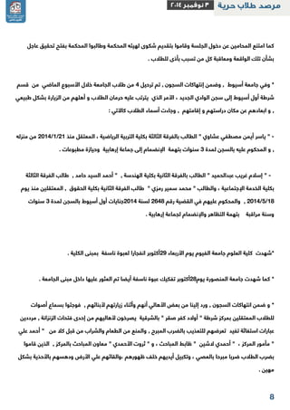 2 
كما امتنع المحامين عن دخول الجلسة وقاموا بتقديم شكوى لهيئه المحكمة وطالبوا المحكمة بفتح تحقيق عاجل 
بشأن تلك الواقعة ومعاقبة كل من تسبب بأذى للطلاب . 
* وفي جامعة أسيوط , وضمن إنتهاكات السجون , تم ترحيل 2 من طلاب الجامعة خلال الأسبوع الماضي من قسم 
شرطة أول أسيوط إلى سجن الوادي الجديد ، الأمر الذي يترتب عليه حرمان الطلاب و أهلهم من الزيارة بشكل طبيعي 
, و ابعادهم عن مكان دراستهم و إقامتهم , وجاءت أسماء الطلاب كالآتي : 
2112 من منزله - /1/ " ياسر أيمن مصطفي عشاوي " الطالب بالفرقة الثالثة بكلية التربية الرياضية ، المعتقل منذ 21 
, و المحكوم عليه بالسجن لمدة 3 سنوات بتهمة الإنضمام إلى جماعة إرهابية وحيازة مطبوعات . 
- " إسلام غريب عبدالحميد " الطالب بالفرقة الثانية بكلية الهندسة , " أحمد السيد حامد , طالب الفرقة الثالثة 
بكلية الخدمة الإجتماعية ، والطالب " محمد سمير رمزي " طالب الفرقة الثانية بكلية الحقوق , المعتقلين منذ يوم 
2112/1/12 , والمحكوم عليهم في القضية رقم 2222 لسنة 2112 جنايات أول أسيوط بالسجن لمدة 3 سنوات 
وسنة مراقبة بتهمة التظاهر والإنضمام لجماعة إرهابية . 
*شهدت كلية العلوم جامعة الفيوم يوم الأربعاء 22 أكتوبر انفجارا لعبوة ناسفة بمبنى الكلية . 
* كما شهدت جامعة المنصورة يوم 22 أكتوبر تفكيك عبوة ناسفة أيضا تم العثور عليها داخل مبنى الجامعة . 
* و ضمن انتهاكات السجون , ورد إلينا من بعض الأهالي أنهم وأثناء زيارتهم لأبنائهم , فوجئوا بسماع أصوات 
للطلاب المعتقلين بمركز شرطة " أولاد كفر صقر " بالشرقية يصرخون لأهاليهم من إحدى فتحات الزنزانة , مرددين 
عبارات استغاثة تفيد تعرضهم للتعذيب بالضرب المبرح , والمنع من الطعام والشراب من قبل كلا من " أحمد علي 
" مأمور المركز ، " أحمدي لاشين " ظابط المباحث ، و " ثروت الأحمدي " معاون المباحث بالمركز , الذين قاموا 
بضرب الطلاب ضربا مبرحا بالعصي ، وتكبيل أيديهم خلف ظهورهم ،والقائهم علي الأرض ودهسهم بالأحذية بشكل 
مهين .  
