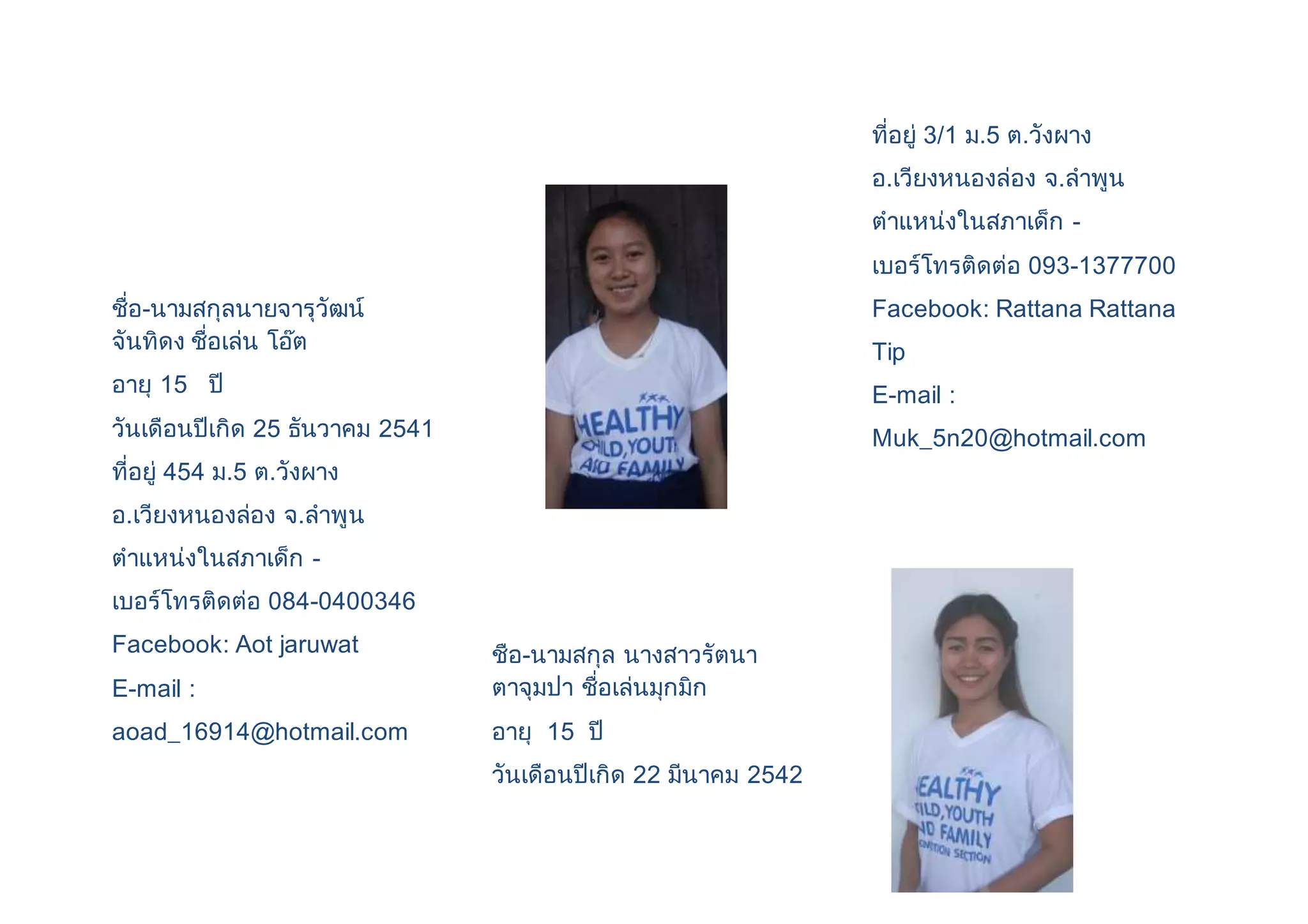 ชื่อ-นามสกุลนายจารุวัฒน์ 
จันทิดง ชื่อเล่น โอ๊ต 
อายุ 15 ปี 
วันเดือนปีเกิด 25 ธันวาคม 2541 
ที่อยู่ 454 ม.5 ต.วังผาง 
อ.เวียงหนองล่อง จ.ลาพูน 
ตาแหน่งในสภาเด็ก - 
เบอร์โทรติดต่อ 084-0400346 
Facebook: Aot jaruwat 
E-mail : 
aoad_16914@hotmail.com 
ชือ-นามสกุล นางสาวรัตนา 
ตาจุมปา ชื่อเล่นมุกมิก 
อายุ 15 ปี 
วันเดือนปีเกิด 22 มีนาคม 2542 
ที่อยู่ 3/1 ม.5 ต.วังผาง 
อ.เวียงหนองล่อง จ.ลาพูน 
ตาแหน่งในสภาเด็ก - 
เบอร์โทรติดต่อ 093-1377700 
Facebook: Rattana Rattana 
Tip 
E-mail : 
Muk_5n20@hotmail.com 
 