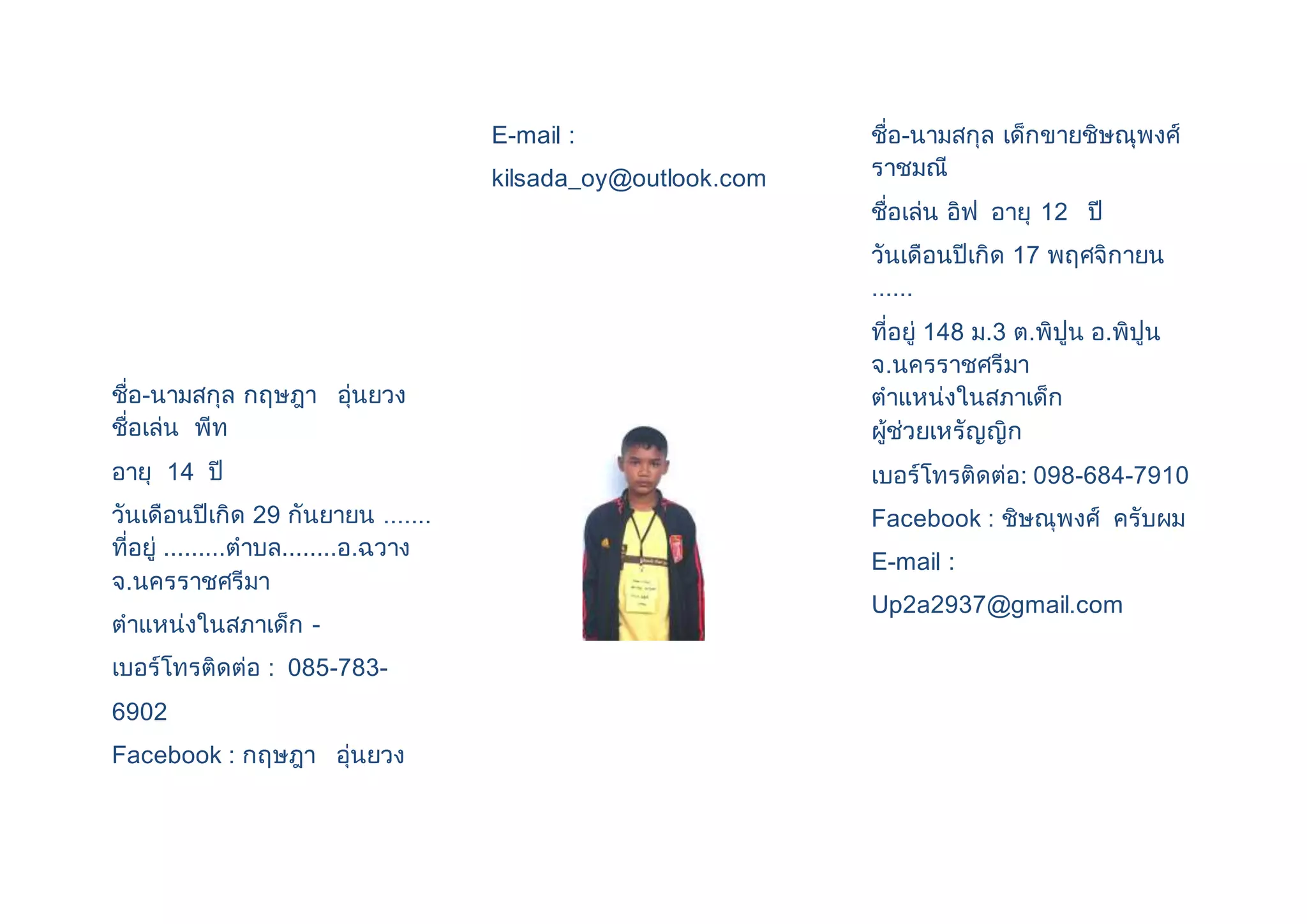 ชื่อ-นามสกุล กฤษฎา อุ่นยวง 
ชื่อเล่น พีท 
อายุ 14 ปี 
วันเดือนปีเกิด 29 กันยายน ....... 
ที่อยู่ .........ตาบล........อ.ฉวาง 
จ.นครราชศรีมา 
ตาแหน่งในสภาเด็ก - 
เบอร์โทรติดต่อ : 085-783- 
6902 
Facebook : กฤษฎา อุ่นยวง 
E-mail : 
kilsada_oy@outlook.com 
ชื่อ-นามสกุล เด็กขายชิษณุพงศ์ 
ราชมณี 
ชื่อเล่น อิฟ อายุ 12 ปี 
วันเดือนปีเกิด 17 พฤศจิกายน 
...... 
ที่อยู่ 148 ม.3 ต.พิปูน อ.พิปูน 
จ.นครราชศรีมา 
ตาแหน่งในสภาเด็ก 
ผู้ช่วยเหรัญญิก 
เบอร์โทรติดต่อ: 098-684-7910 
Facebook : ชิษณุพงศ์ ครับผม 
E-mail : 
Up2a2937@gmail.com 
 