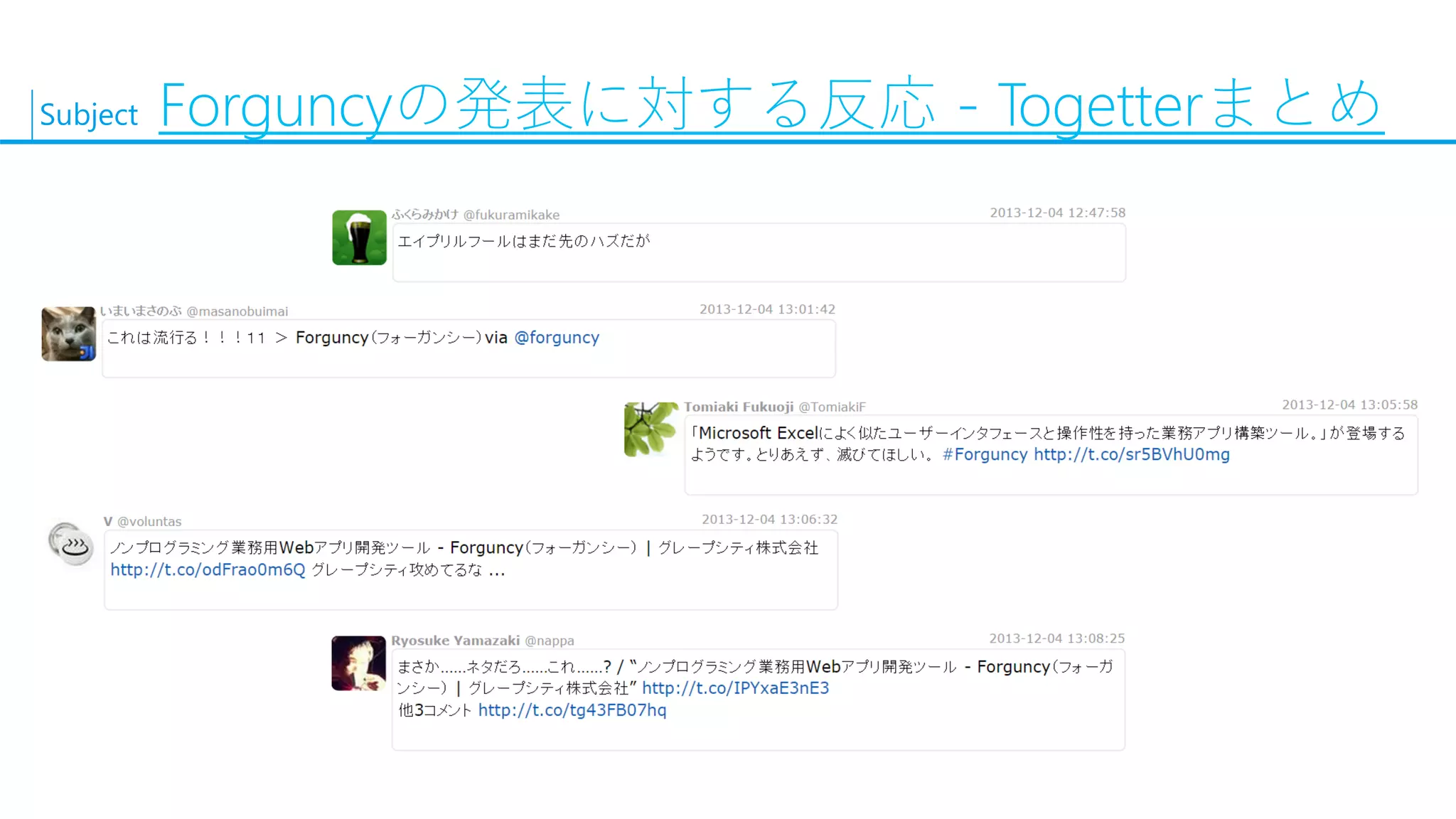 Subject 
Forguncyの発表に対する反応-Togetterまとめ  