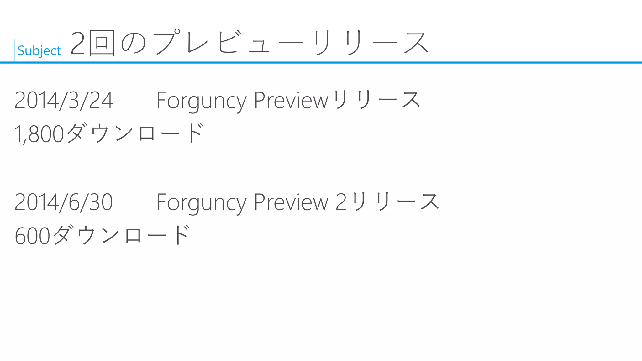 Subject 
2回のプレビューリリース 
2014/3/24Forguncy Previewリリース 
1,800ダウンロード 
2014/6/30Forguncy Preview 2リリース 
600ダウンロード  