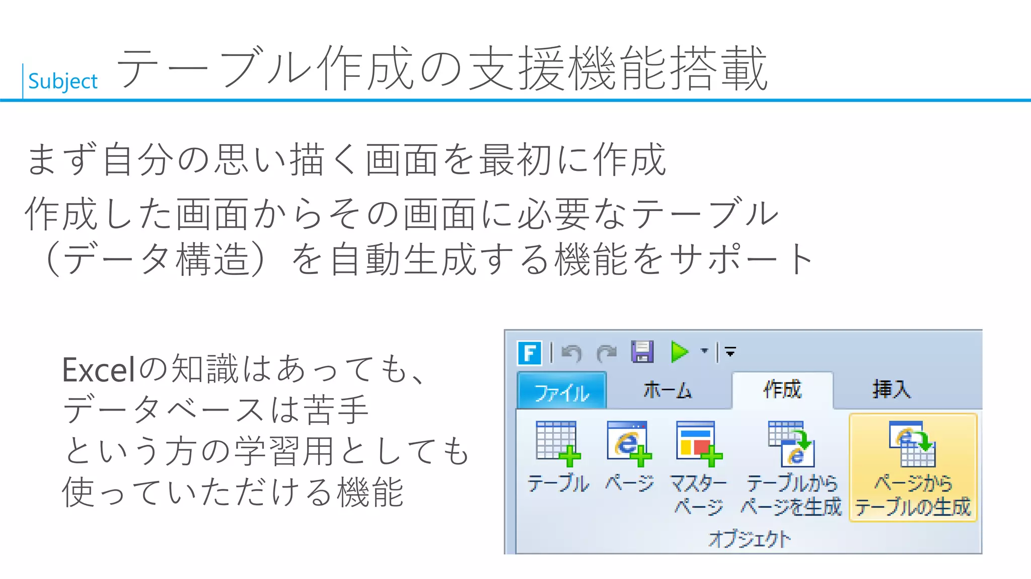 Subject 
テーブル作成の支援機能搭載 
まず自分の思い描く画面を最初に作成 
作成した画面からその画面に必要なテーブル （データ構造）を自動生成する機能をサポート 
Excelの知識はあっても、 データベースは苦手 という方の学習用としても 使っていただける機能  