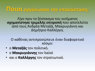 Ποιοι οργάνωσαν την επανάσταση;
Λίγο πριν το ξέσπασμα του κινήματος
σχηματίστηκε τριμελής επιτροπή που αποτελείτο
από τους Ανδρέα Μεταξά, Μακρυγιάννη και
Δημήτριο Καλλέργη.
Ο καθένας αντιπροσώπευε έναν διαφορετικό
κόσμο:
• ο Μεταξάς τον πολιτικό,
• ο Μακρυγιάννης τον λαϊκό
• και ο Καλλέργης τον στρατιωτικό.
 