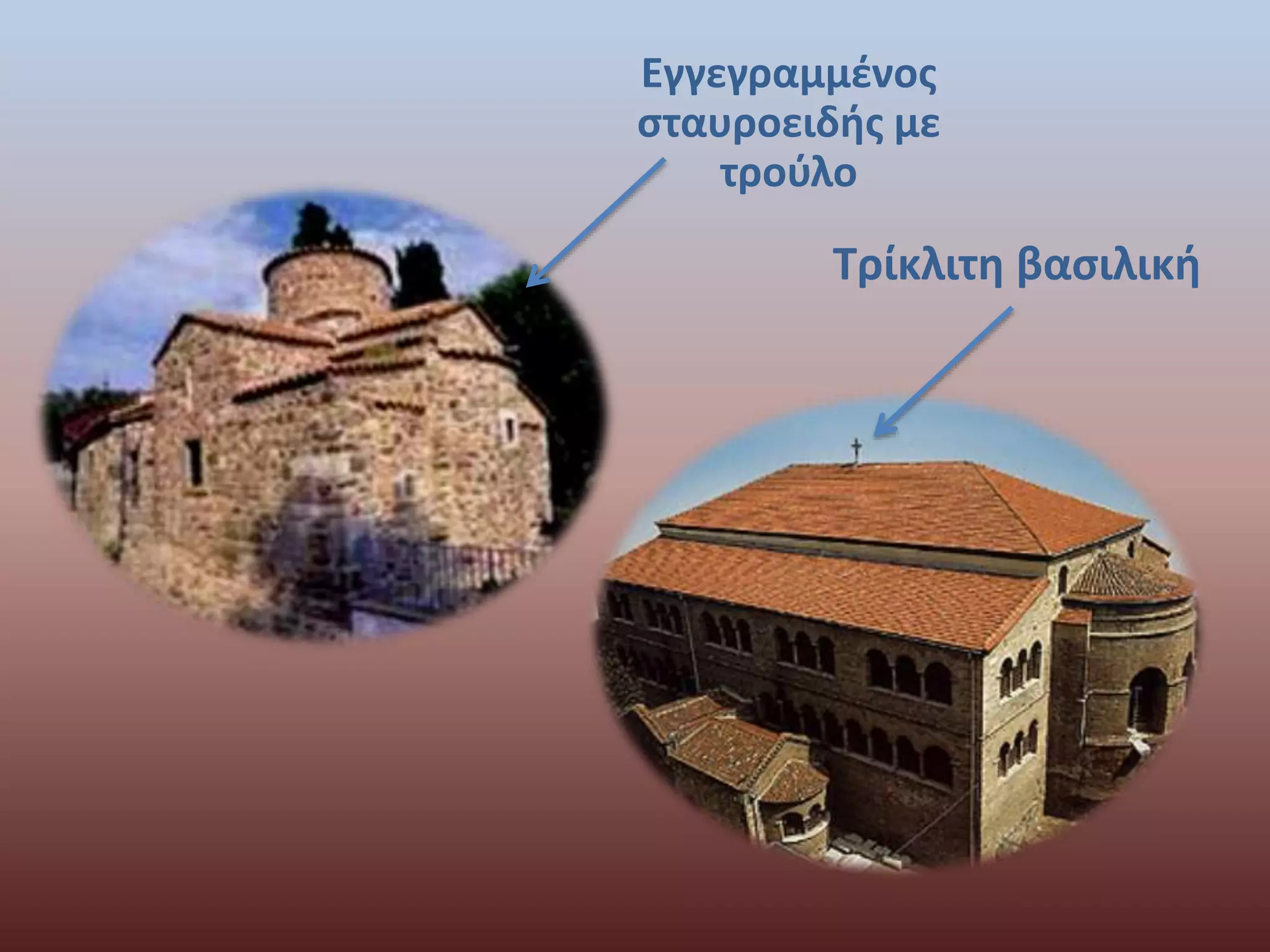 Εγγεγραμμένος 
σταυροειδής με 
τρούλο 
Τρίκλιτη βασιλική 
 