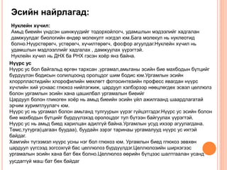 Эсийн найрлагад: 
Нуклейн хүчил: 
Амьд биеийн үндсэн шинжүүдийг тодорхойлогч, удамшлын мэдээлийг хадгалан 
дамжуулдаг биологийн өндөр молекулт нэгдэл юм.Бага молекул нь нуклеотид 
болно.Нүүрстөрөгч, устөрөгч, хүчилтөрөгч, фосфор агуулдаг.Нуклейн хүчил нь 
удамшлын мэдлээллийг хадгалах , дамжуулах үүрэгтэй. 
Нуклейн хүчил нь ДНХ ба РНХ гэсэн хоёр янз байна. 
Нүүрс ус 
Нүүрс ус бол байгальд өргөн тархсан ,ургамал,амьтаны эсийн бие махбодын бүтцийг 
бүрдүүлэн бодисын солилцоонд оролцдог шим бодис юм.Ургамлын эсийн 
хлоррпластидийн хлорофилийн мөхлөгт фотосинтезийн професс явагдан нүүрс 
хүчлийн хий уснаас глюкоз нийлэгжиж, цардуул хэлбэрээр нөөцлөгдөх эсвэл целлюлз 
болон ургамлын эсийн хана цашилбал ургамалын биеийг 
Цардуул болон гликоген хоёр нь амьд биеийн эсийн үйл ажилгаанд шаардлагатай 
эрчим хуримтлуулагч юм. 
Нүүрс ус нь ургамал болон амьтанд тулгуурын үүрэг гүйцэтгэдэг.Нүүрс ус эсийн болон 
бие махбодын бүтцийг бүрдүүлэхэд оролоцдог тул бүтээн байгуулах үүрэгтэй. 
Нүүрс ус нь амьд биед харилцан адилгүй байна.Ургамлын усуд ихээр агуулагдана. 
Төмс,тутурга(цагаан буудаа), буудайн зэрэг таринаы ургамалууд нүүрс ус ихтэй 
байдаг. 
Хамгийн түгээмэл нүүрс усны нэг бол глюкоз юм. Ургамлын биед глюкоз зөвхөн 
цардуул үүгсээд зогсохгүй бас целлюлоз бүрдүүлдэг.Целлюлозийн ширхэгээс 
ургамалын эсийн хана бат бөх болно.Целлюлоз өөрийн бүтцээс шалтгаалан усанд 
уусдаггүй маш бат бөх байдаг 
 