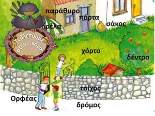 σάκος 
τοίχος 
παράθυρο 
ομπρέλα 
πόρτα 
χόρτο 
δέντρο 
Ορφέας 
δρόμος 
 