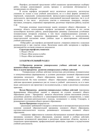 Портфель достижений представляет собой специально организованную подборку 
работ, которые демонстрируют усилия, прогресс и достижения обучающегося в 
интересующих его областях. 
В состав портфеля достижений могут включаться результаты, достигнутые 
учеником не только в ходе учебной деятельности, но и в иных формах активности: 
творческой, социальной, коммуникативной, физкультурно-оздоровительной, трудовой 
деятельности, протекающей как в рамках повседневной школьной практики, так и за еѐ 
пределами, в том числе – результаты участия в олимпиадах, конкурсах, смотрах, 
выставках, концертах, спортивных мероприятиях, различные творческие работы, поделки 
и др. 
Учитывая основные педагогические задачи основного общего образования и 
основную область использования портфеля достижений подростков в его состав 
целесообразно включать работы, демонстрирующие динамику становления устойчивых 
познавательных интересов учащихся, в том числе сопровождающиеся успехами в 
различных учебных предметах, формировании способности к целеполаганию, 
самостоятельной постановке новых учебных задач и проектировании собственной 
учебной деятельности. 
Отбор работ для портфеля достижений ведется учащимся совместно с классным 
руководителем и при участии семьи. Включение каких-либо материалов в портфель 
достижений без согласия ученика не допускается. 
15 
Структура портфолио учащегося: 
1. Раздел «Это я» 
2. Раздел «Мои успехи в учебе» 
3. Раздел «Мои достижения» 
2.СОДЕРЖАТЕЛЬНЫЙ РАЗДЕЛ 
2.1.Программа развития универсальных учебных действий на ступени 
основного общего образования 
Цель и задачи программы развития универсальных учебных действий 
Универсальные учебные действия (личностные, регулятивные, познавательные 
и коммуникативные) формировались в условиях реализации основной образовательной 
программы начального общего образования, являясь основой для ключевых 
компетентностей. На этапе основного общего образования универсальные учебные 
действия продолжают развиваться уже не только в учебной деятельности, но и в таких 
видах деятельности как проектная и исследовательская, а также в различных социальных 
практиках. 
Целью Программы развития универсальных учебных действий (программы 
формирования общеучебных умений и навыков) на ступени основного общего 
образования (далее – Программы) является обеспечение умения школьников учиться, 
дальнейшее развитие способности к самосовершенствованию и саморазвитию, а также 
реализация системно-деятельностного подхода, положенного в основу Стандарта, и 
развивающего потенциала общего среднего образования. 
Задачи Программы направлена на: 
- реализацию требований Стандарта к личностным и метапредметным результатам 
освоения основной образовательной программы основного общего образования, 
системно-деятельностного подхода, развивающего потенциала основного общего 
образования; 
- повышение эффективности освоения обучающимися основной образовательной 
программы основного общего образования, усвоения знаний и учебных действий, 
расширение возможностей ориентации в различных предметных областях, научном и 
социальном проектировании, профессиональной ориентации, строении и осуществлении 
учебной деятельности; 
 