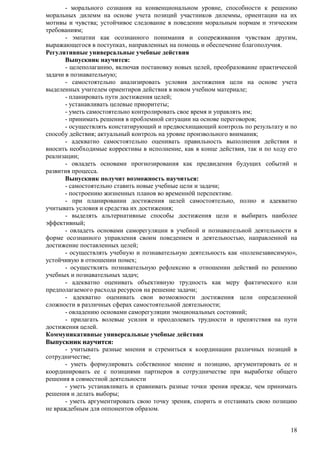 - морального сознания на конвенциональном уровне, способности к решению 
моральных дилемм на основе учета позиций участников дилеммы, ориентации на их 
мотивы и чувства; устойчивое следование в поведении моральным нормам и этическим 
требованиям; 
- эмпатии как осознанного понимания и сопереживания чувствам другим, 
18 
выражающегося в поступках, направленных на помощь и обеспечение благополучия. 
Регулятивные универсальные учебные действия 
Выпускник научится: 
- целеполаганию, включая постановку новых целей, преобразование практической 
задачи в познавательную; 
- самостоятельно анализировать условия достижения цели на основе учета 
выделенных учителем ориентиров действия в новом учебном материале; 
- планировать пути достижения целей; 
- устанавливать целевые приоритеты; 
- уметь самостоятельно контролировать свое время и управлять им; 
- принимать решения в проблемной ситуации на основе переговоров; 
- осуществлять констатирующий и предвосхищающий контроль по результату и по 
способу действия; актуальный контроль на уровне произвольного внимания; 
- адекватно самостоятельно оценивать правильность выполнения действия и 
вносить необходимые коррективы в исполнение, как в конце действия, так и по ходу его 
реализации; 
- овладеть основами прогнозирования как предвидения будущих событий и 
развития процесса. 
Выпускник получит возможность научиться: 
- самостоятельно ставить новые учебные цели и задачи; 
- построению жизненных планов во временнớй перспективе. 
- при планировании достижения целей самостоятельно, полно и адекватно 
учитывать условия и средства их достижения; 
- выделять альтернативные способы достижения цели и выбирать наиболее 
эффективный; 
- овладеть основами саморегуляции в учебной и познавательной деятельности в 
форме осознанного управления своим поведением и деятельностью, направленной на 
достижение поставленных целей; 
- осуществлять учебную и познавательную деятельность как «поленезависимую», 
устойчивую в отношении помех; 
- осуществлять познавательную рефлексию в отношении действий по решению 
учебных и познавательных задач; 
- адекватно оценивать объективную трудность как меру фактического или 
предполагаемого расхода ресурсов на решение задачи; 
- адекватно оценивать свои возможности достижения цели определенной 
сложности в различных сферах самостоятельной деятельности; 
- овладению основами саморегуляции эмоциональных состояний; 
- прилагать волевые усилия и преодолевать трудности и препятствия на пути 
достижения целей. 
Коммуникативные универсальные учебные действия 
Выпускник научится: 
- учитывать разные мнения и стремиться к координации различных позиций в 
сотрудничестве; 
- уметь формулировать собственное мнение и позицию, аргументировать ее и 
координировать ее с позициями партнеров в сотрудничестве при выработке общего 
решения в совместной деятельности 
- уметь устанавливать и сравнивать разные точки зрения прежде, чем принимать 
решения и делать выборы; 
- уметь аргументировать свою точку зрения, спорить и отстаивать свою позицию 
не враждебным для оппонентов образом. 
 
