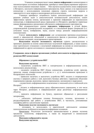 Учащиеся усовершенствуют навык поиска информации в компьютерных и 
некомпьютерных источниках информации, приобретут навык формулирования запросов и 
опыт использования поисковых машин. Они научатся осуществлять поиск информации 
в Интернете, школьном информационном пространстве, базах данных и на персональном 
компьютере с использованием поисковых сервисов, строить поисковые запросы в 
зависимости от цели запроса и анализировать результаты поиска. 
Учащиеся приобретут потребность поиска дополнительной информации для 
решения учебных задач и самостоятельной познавательной деятельности; освоят 
эффективные приемы поиска, организации и хранения информации на персональном 
компьютере, в информационной среде учреждения и в Интернете; приобретут первичные 
навыки формирования и организации собственного информационного пространства. 
Они усовершенствуют умение передавать информацию в устной форме, 
сопровождаемой аудиовизуальной поддержкой, и в письменной форме гипермедиа (т.е. 
сочетания текста, изображения, звука, ссылок между разными информационными 
компонентами). 
Смогут использовать информацию для установления причинно-следственных 
связей и зависимостей, объяснений и доказательств фактов в различных учебных и 
практических ситуациях, моделирования и проектирования. 
Выпускники получат возможность научиться строить умозаключения и 
принимать решения на основе самостоятельно полученной информации, а также освоить 
опыт критического отношения к получаемой информации на основе ее сопоставления с 
информацией из других источников и с имеющимся жизненным опытом. 
Содержание, виды и формы организации учебной деятельности по формированию и 
развитию ИКТ-компетенций 
Обращение с устройствами ИКТ 
Выпускник научится: 
- подключать устройства ИКТ к электрическим и информационным сетям, 
26 
использовать аккумуляторы; 
- соединять устройства ИКТ (блоки компьютера, устройства сетей, принтер, 
проектор, сканер, измерительные устройства и т. д.) с использованием проводных и 
беспроводных технологий; 
- правильно включать и выключать устройства ИКТ, входить в операционную 
систему и завершать работу с ней, выполнять базовые действия с экранными объектами 
(перемещение курсора, выделение, прямое перемещение, запоминание и вырезание); 
- осуществлять информационное подключение к локальной сети и глобальной сети 
Интернет; 
- входить в информационную среду образовательного учреждения, в том числе 
через Интернет, размещать в информационной среде различные информационные 
объекты; 
- выводить информацию на бумагу, правильно обращаться с расходными 
материалами; 
- соблюдать требования техники безопасности, гигиены, эргономики и 
ресурсосбережения при работе с устройствами ИКТ, в частности, учитывающие 
специфику работы с различными экранами. 
Выпускник получит возможность научиться: 
- осознавать и использовать в практической деятельности основные 
психологические особенности восприятия информации человеком. 
Примечание. Результаты достигаются преимущественно в рамках изучения 
предметов: технология, информатика, а также во внеурочной и внешкольной 
деятельности. 
Фиксация изображений и звуков 
Выпускник научится: 
 