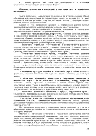  знание традиций своей семьи, культурно-исторических и этнических 
35 
традиций семей своего народа, других народов России. 
Основные направления и ценностные основы воспитания и социализации 
обучающихся 
Задачи воспитания и социализации обучающихся на ступени основного общего 
образования классифицированы по направлениям, каждое из которых, будучи тесно 
связанным с другими, раскрывает одну из существенных сторон духовно-нравственного 
развития личности гражданина России. 
Каждое из этих направлений основано на определѐнной системе базовых 
национальных ценностей и должно обеспечивать усвоение их обучающимися. 
Организация духовно-нравственного развития, воспитания и социализации 
обучающихся осуществляется по следующим направлениям: 
- воспитание гражданственности, патриотизма, уважения к правам, свободам 
и обязанностям человека (ценности: любовь к России, своему народу, своему краю, 
гражданское общество, поликультурный мир, свобода личная и национальная, доверие к 
людям, институтам государства и гражданского общества, социальная солидарность; мир 
во всем мире, многообразие и уважение культур и народов); 
- воспитание социальной ответственности и компетентности (ценности: 
правовое государство, демократическое государство, социальное государство; закон и 
правопорядок, социальная компетентность, социальная ответственность, служение 
Отечеству, ответственность за настоящее и будущее своей страны); 
- воспитание нравственных чувств, убеждений, этического сознания 
(ценности: нравственный выбор; жизнь и смысл жизни; справедливость; милосердие; 
честь; достоинство; уважение родителей; уважение достоинства другого человека, 
равноправие, ответственность, любовь и верность; забота о старших и младших; свобода 
совести и вероисповедания; толерантность, представление о светской этике, вере, 
духовности, религиозной жизни человека, ценностях религиозного мировоззрения, 
формируемое на основе межконфессионального диалога; духовно-нравственное развитие 
личности); 
- воспитание культуры здоровья и безопасного образа жизни (ценности: 
физическое, социально-психологическое и духовное здоровье человека; здоровый образ 
жизни); 
- воспитание трудолюбия, сознательного, творческого отношения к 
образованию, труду и жизни, подготовка к сознательному выбору профессии 
(ценности: знания, стремление к познанию и истине, научная картина мира, 
нравственный смысл учения и самообразования, интеллектуальное развитие личности; 
уважение к труду и людям труда; нравственный смысл труда, творчество и созидание; 
целеустремленность и настойчивость, бережливость, выбор профессии); 
- воспитание ценностного отношения к природе, окружающей среде - 
экологическое воспитание (ценности: родная земля, заповедная природа, планета Земля, 
эволюция природы, экологическая культура); 
- воспитание ценностного отношения к прекрасному, формирование основ 
эстетической культуры - эстетическое воспитание (ценности: красота; гармония; 
духовный мир человека; самовыражение личности в творчестве и искусстве; эстетическое 
развитие личности). 
Все направления воспитания и социализации важны, дополняют друг друга и 
обеспечивают развитие личности на основе отечественных духовных, нравственных и 
культурных традиций. 
Ведущим в организации воспитания и социализации обучающихся является 
принцип системно-деятельностной организации. Интеграция содержания различных 
видов деятельности обучающихся в рамках программы их духовно-нравственного 
развития и воспитания осуществляется на основе базовых национальных ценностей. Для 
решения воспитательных задач обучающиеся вместе с педагогами, родителями, иными 
субъектами культурной, гражданской жизни обращаются к содержанию: 
 