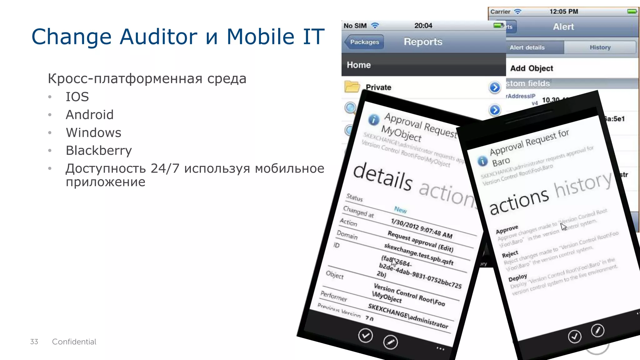 Change Auditor и Mobile IT 
Кросс-платформенная среда 
• IOS 
• Android 
• Windows 
• Blackberry 
• Доступность 24/7 используя мобильное 
приложение 
33 Confidential Global Marketing 
 