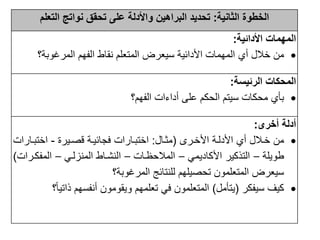 الخطوة الثانية: تحديد البراهين والأدلة على تحقق نواتج التعلم 
المهمات الأدائية: 
من خال ي المهمات الأدائية سيعرض المتعلم نقاط الفهم المرغوبة؟  
المحكات الرئيسة: 
بأي محكات سيتم الحكم على داءات الفهم؟  
أدلة أخرى: 
من خلال ي الأدللة الأخلرل )مثلال: اختبلارات فجائيلة قصليرة - اختبلارات  
طويلة – التذكير الأكاديمي – الماحظلات – النشلاط المنزللي – المفكلرات( 
سيعرض المتعلمون تحصيلهم للنتائج المرغوبة؟ 
كيف سيفكر )يتأمل( المتعلمون في تعلمهم ويقومون نفسهم ذاتيا؟ً  
 