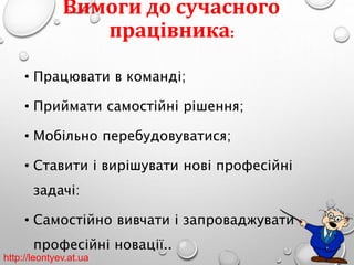 Вимоги до сучасного 
працівника: 
• Працювати в команді; 
• Приймати самостійні рішення; 
• Мобільно перебудовуватися; 
• Ставити і вирішувати нові професійні 
задачі: 
• Самостійно вивчати і запроваджувати 
професійні новації.. 
http://leontyev.at.ua 
 