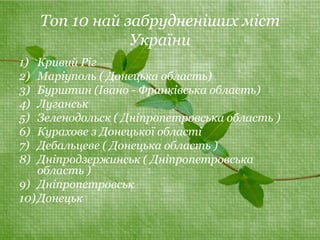 Топ 10 най забрудненіших міст 
України 
1) Кривий Ріг 
2) Маріуполь ( Донецька область) 
3) Бурштин (Івано - Франківська область) 
4) Луганськ 
5) Зеленодольск ( Дніпропетровська область ) 
6) Курахове з Донецької області 
7) Дебальцеве ( Донецька область ) 
8) Дніпродзержинськ ( Дніпропетровська 
область ) 
9) Дніпропетровськ 
10) Донецьк 
 