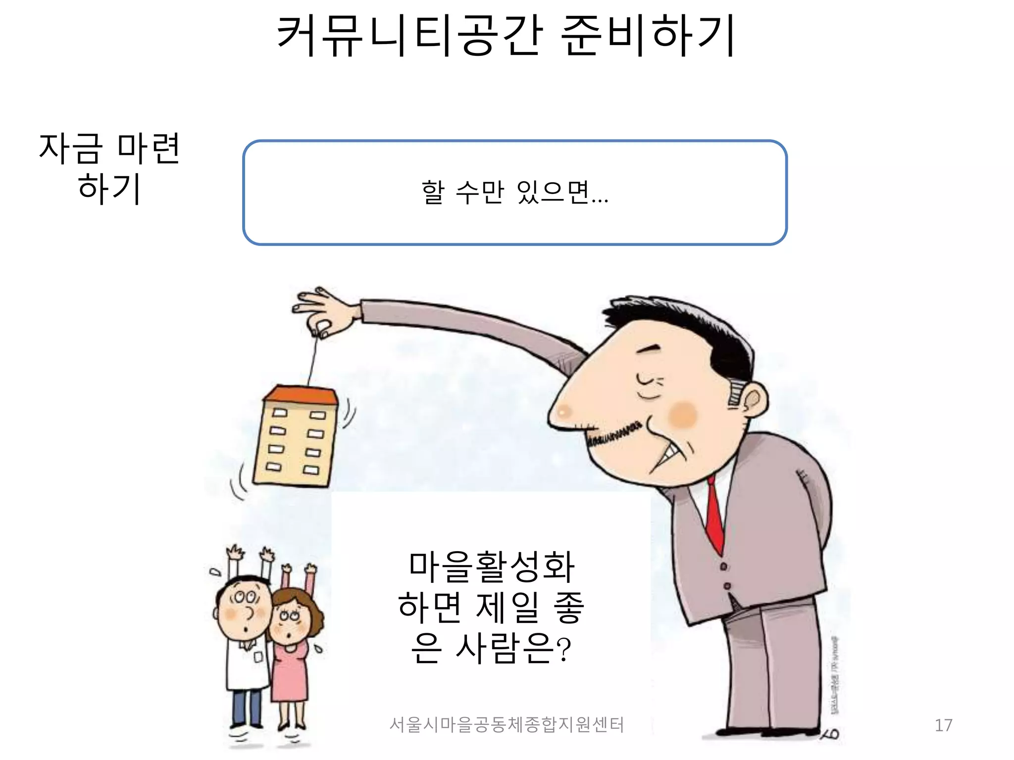 17 
커뮤니티공간 준비하기 
자금 마련 
하기 할 수만 있으면… 
마을활성화 
하면 제일 좋 
은 사람은? 
서울시마을공동체종합지원센터 
 