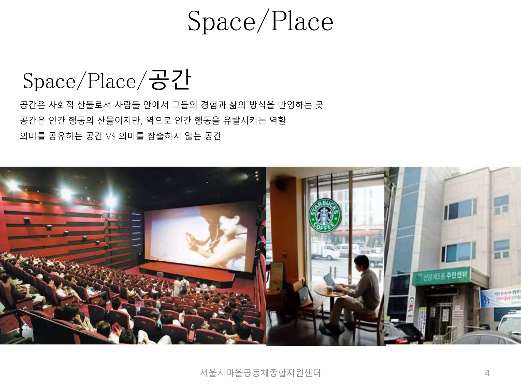 4 
Space/Place 
Space/Place/공간 
공간은 사회적 산물로서 사람들 안에서 그들의 경험과 삶의 방식을 반영하는 곳 
공간은 인간 행동의 산물이지만, 역으로 인간 행동을 유발시키는 역할 
의미를 공유하는 공간 VS 의미를 창출하지 않는 공간 
서울시마을공동체종합지원센터 
 