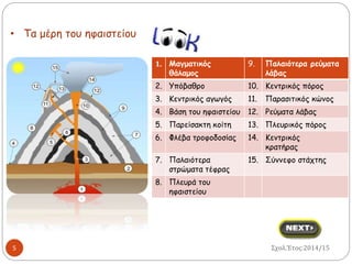 • Τα μέρη του ηφαιστείου 
1. Μαγματικός 
θάλαμος 
9. Παλαιότερα ρεύματα 
λάβας 
2. Υπόβαθρο 10. Κεντρικός πόρος 
3. Κεντρικός αγωγός 11. Παρασιτικός κώνος 
4. Βάση του ηφαιστείου 12. Ρεύματα λάβας 
5. Παρείσακτη κοίτη 13. Πλευρικός πόρος 
6. Φλέβα τροφοδοσίας 14. Κεντρικός 
κρατήρας 
7. Παλαιότερα 
στρώματα τέφρας 
15. Σύννεφο στάχτης 
8. Πλευρά του 
ηφαιστείου 
5 Σχολ.Έτος:2014/15 
 