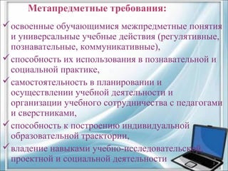 Метапредметные требования: 
освоенные обучающимися межпредметные понятия 
и универсальные учебные действия (регулятивные, 
познавательные, коммуникативные), 
способность их использования в познавательной и 
социальной практике, 
самостоятельность в планировании и 
осуществлении учебной деятельности и 
организации учебного сотрудничества с педагогами 
и сверстниками, 
способность к построению индивидуальной 
образовательной траектории, 
владение навыками учебно-исследовательской, 
проектной и социальной деятельности 3 
 