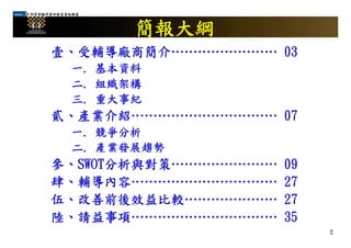 99管理顧問業研發型策略聯盟
簡報大綱
壹、受輔導廠商簡介…………………… 03
一 基本資料一. 基本資料
二. 組織架構
三 重大事紀三. 重大事紀
貳、產業介紹…………………………… 07
一. 競爭分析
二. 產業發展趨勢
參、SWOT分析與對策…………………… 09
肆 輔導內容 27肆、輔導內容…………………………… 27
伍、改善前後效益比較………………… 27
2
陸、請益事項…………………………… 35
 