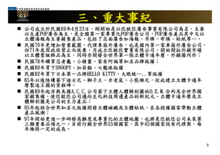 99管理顧問業研發型策略聯盟
三、重大事紀
 公司成立於民國69年4月23日，剛開始是以匹歐匹廣告事業有限公司為名，主要
以生產POP廣告為主，是全國第一家專業化POP廣告公司，POP廣告產品其中又以
立體海報為主要銷售產品，包括了店面廣告如海報、吊牌、布旗、貼紙等…。
 民國70年更增加營業範圍，代理車箱外廣告，也是國內第一家車箱外廣告公司，
但71年底因政府禁止而放棄，另成立匹歐匹實業有限公司，開始開拓外銷市場
以立體聖誕飾品為主，同時亦開發全世界第一張立體卡通年曆，外銷國內外；
 民國78年購買忍者龜 小精靈 家有阿福等知名品牌版權； 民國78年購買忍者龜、小精靈、家有阿福等知名品牌版權；
 民國80年買下SNOOPY、加菲貓、七龍珠版權
 民國82年買下日本第一品牌HELLO KITTY、大眼蛙…..等版權
 85年以後陸續簽下迪士尼、獅子王、米老鼠、小熊維尼，從此建立立體卡通年
曆製造王國的里程碑。
 民國89年起亦與美國A.C.C.公司簽下立體人體解剖圖的O.E.M.合約及全世界獨
家銷售權 使匹歐匹公司邁向生化科技周邊產品的新紀元 立體卡通年曆及立家銷售權，使匹歐匹公司邁向生化科技周邊產品的新紀元。立體卡通年曆及立
體解剖圖是公司的主力產品；
 95年起結合世界知名之版權開發立體磁鐵及立體貼紙，在各授權國家帶動立體
產品風潮；產品風潮；
 97年開始更進一步研發高難度及專業化的立體地圖，也將是匹歐匹公司未來第
三類重要品項之一。目前行銷全世界55個國家，其中45個國家設有代理商，每
年維持一定的成長。
6
年維持一定的成長
 