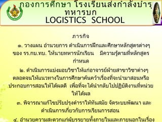 กองกำรศึกษำ โรงเรียนส่งกำำลังบำำรุง 
ทหำรบก 
LOGISTICS SCHOOL 
LOGISTICS SCHOOL 
ภำรกิจ 
๑. วำงแผน อำำนวยกำร ดำำเนินกำรฝึกและศึกษำหลักสูตรต่ำงๆ 
ของ รร.กบ.ทบ. ให้นำยทหำรนักเรียน มีควำมรู้ตำมที่หลักสูตร 
กำำหนด 
๒. ดำำเนินกำรแบ่งมอบวิชำให้แก่อำจำรย์ฝ่ำยสำขำวิชำต่ำงๆ 
ตลอดจนให้แนวทำงในกำรศึกษำค้นคว้ำเรื่องที่จะนำำมำสอนหรือ 
ประกอบกำรสอนให้ได้ผลดี เพื่อที่จะได้นำำกลับไปปฏิบัติงำนที่หน่วย 
ให้ได้ผล 
๓. พิจำรณำแก้ไขปรับปรุงตำำรำให้ทันสมัย จัดระบบพัฒนำ และ 
ดำำเนินกำรเกี่ยวกับกำรเรียนกำรสอน 
๔. อำำนวยควำมสะดวกแก่ผู้บรรยำยทั้งภำยในและภำยนอกในเรื่อง 
 