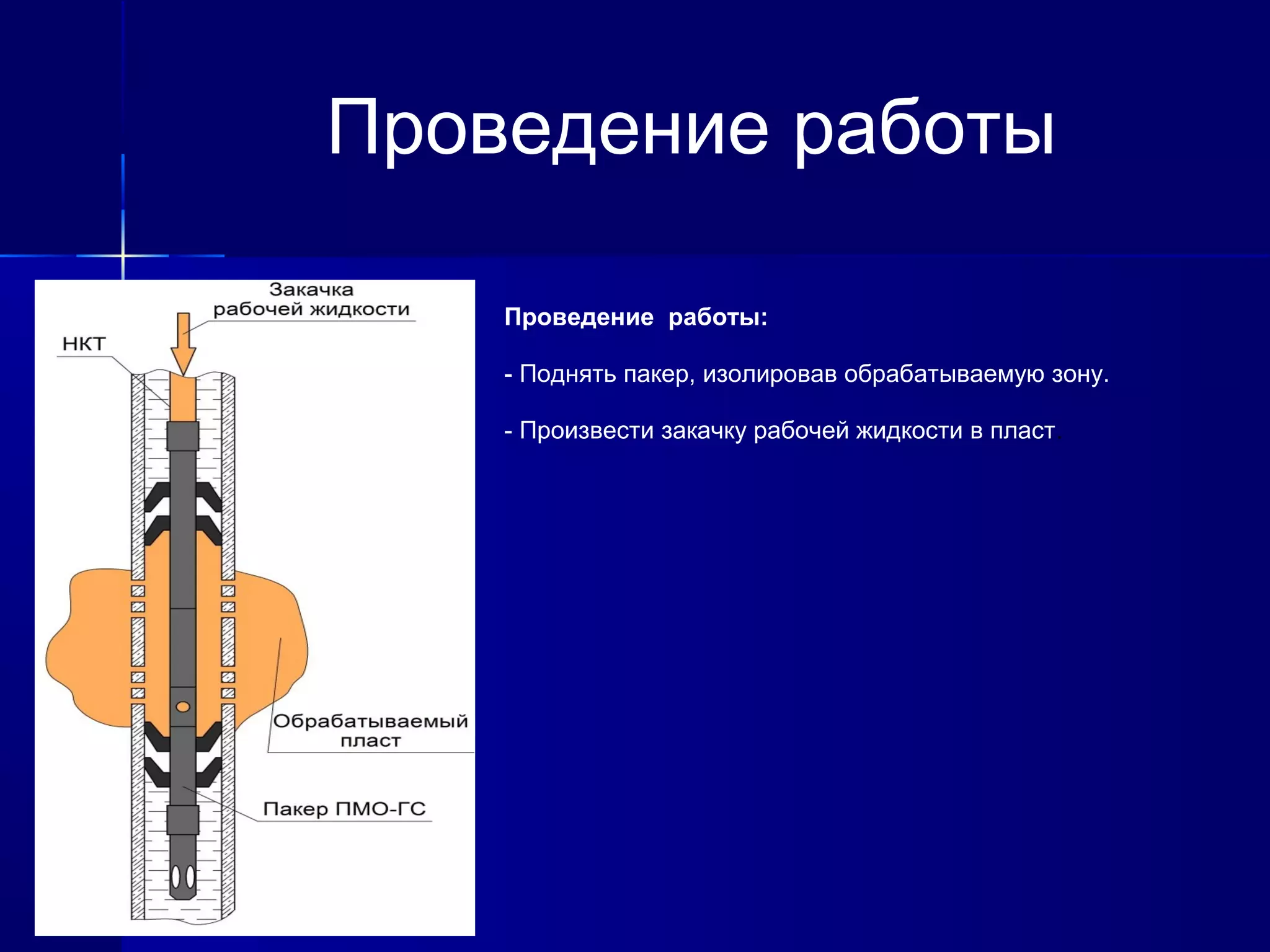 Проведение работы 
Проведение работы: 
- Поднять пакер, изолировав обрабатываемую зону. 
- Произвести закачку рабочей жидкости в пласт. 
 