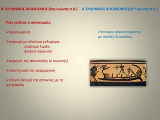 Β’ ΕΛΛΗΝΙΚΟΣ ΑΠΟΙΚΙΣΜΟΣ (8ος αιώνας π.Χ.) Α΄ΕΛΛΗΝΙΚΟΣ ΑΠΟΙΚΙΣΜΟΣ(10ος αιώνας π.Χ.) 
Πώς γινόταν ο αποικισμός; 
οργανωμένα...