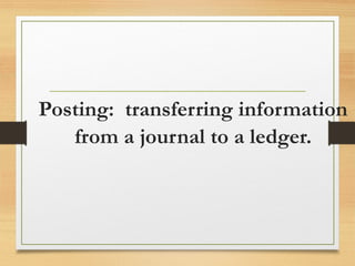Posting: transferring information 
from a journal to a ledger. 
 