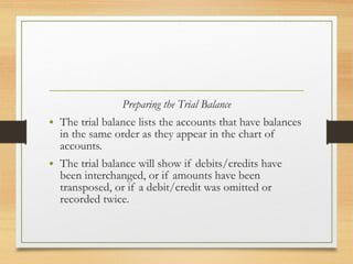 Preparing the Trial Balance 
• The trial balance lists the accounts that have balances 
in the same order as they appear in the chart of 
accounts. 
• The trial balance will show if debits/credits have 
been interchanged, or if amounts have been 
transposed, or if a debit/credit was omitted or 
recorded twice. 
 