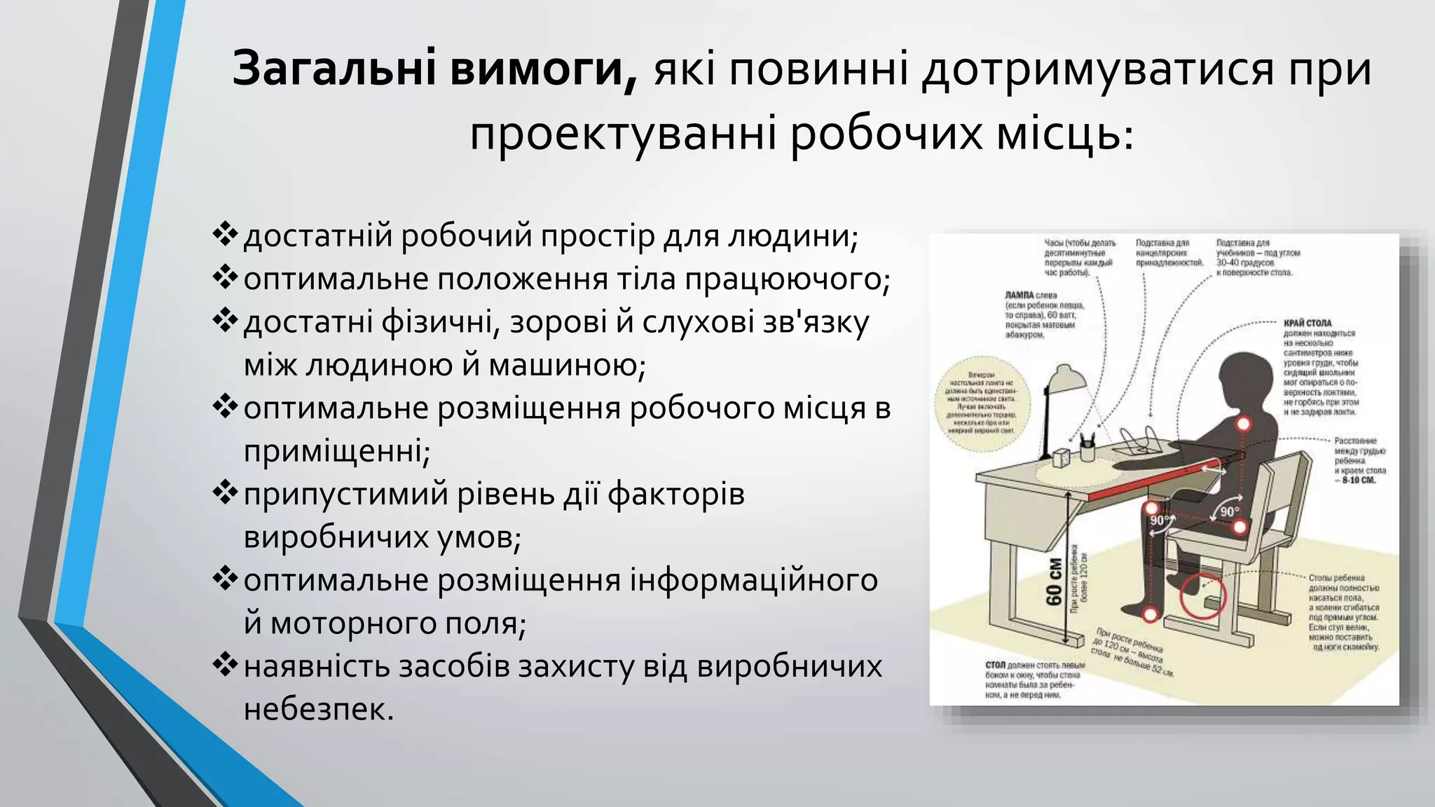 Загальні вимоги, які повинні дотримуватися при 
проектуванні робочих місць: 
достатній робочий простір для людини; 
оптимальне положення тіла працюючого; 
достатні фізичні, зорові й слухові зв'язку 
між людиною й машиною; 
оптимальне розміщення робочого місця в 
приміщенні; 
припустимий рівень дії факторів 
виробничих умов; 
оптимальне розміщення інформаційного 
й моторного поля; 
наявність засобів захисту від виробничих 
небезпек. 
 