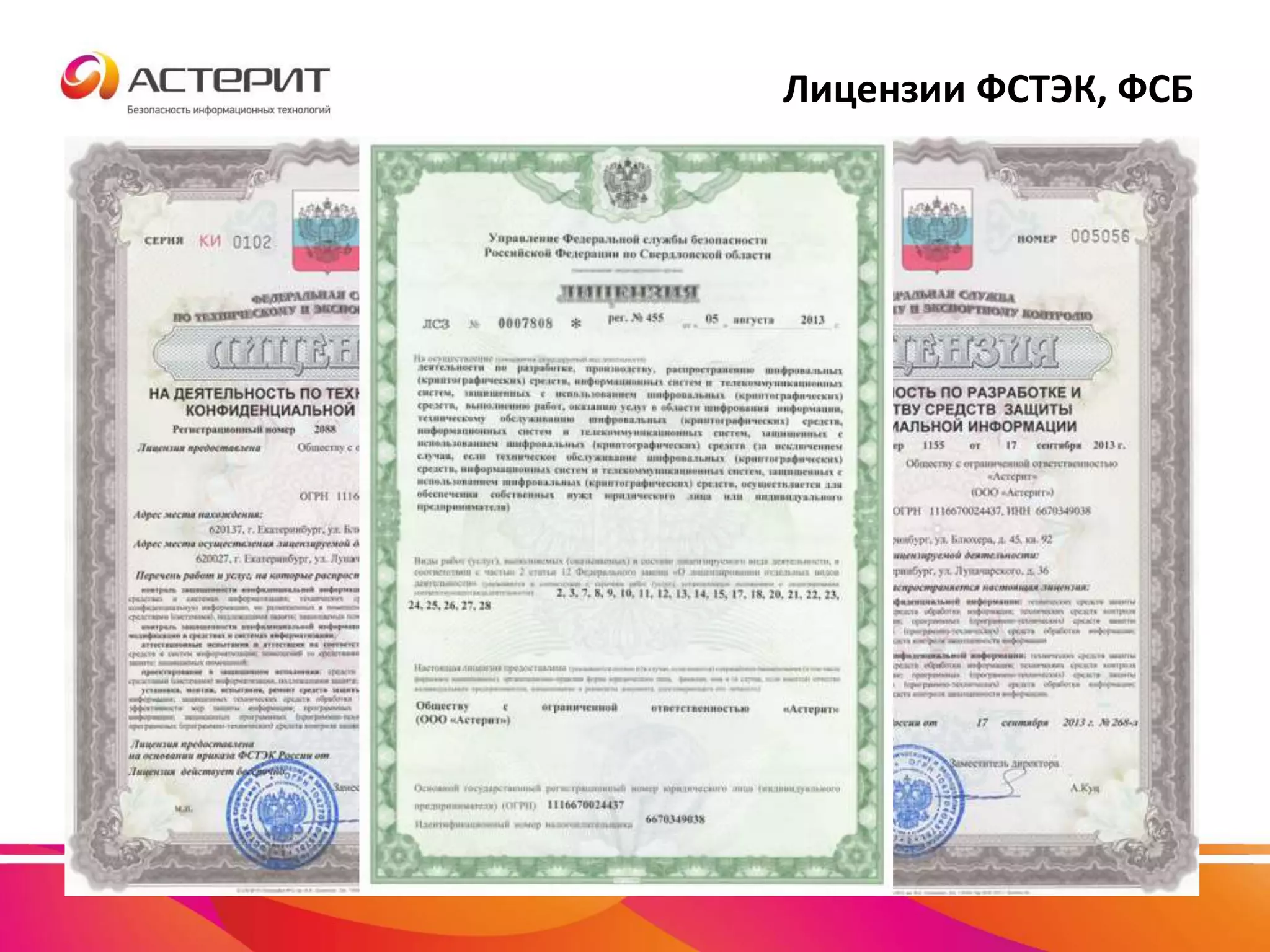 Лицензии ФСТЭК, ФСБ 
 