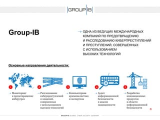 Group-IB 
Основные направления деятельности: 
ОДНА ИЗ ВЕДУЩИХ МЕЖДУНАРОДНЫХ КОМПАНИЙ ПО ПРЕДОТВРАЩЕНИЮ И РАССЛЕДОВАНИЮ КИБЕРПРЕСТУПЛЕНИЙ И ПРЕСТУПЛЕНИЙ, СОВЕРШЕННЫХ С ИСПОЛЬЗОВАНИЕМ ВЫСОКИХ ТЕХНОЛОГИЙ 
1 
2 
3 
4 
5 
Мониторинг и предотвращение киберугроз 
Расследование киберпреступленийи хищений, совершенных с использованием высоких технологий 
Компьютерная криминалистикаи экспертиза 
Аудит информационной безопасности и анализ защищенности 
Разработка инновационных продуктов в области информационнойбезопасности 3 
 