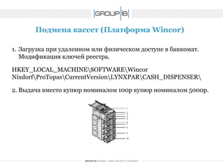 Подмена кассет (Платформа Wincor) 
1.Загрузка приудаленном или физическом доступе в банкомат. Модификация ключей реестра. 
HKEY_LOCAL_MACHINESOFTWAREWincor NixdorfProTopasCurrentVersionLYNXPARCASH_DISPENSER 
2. Выдача вместо купюр номиналом 100р купюр номиналом 5000р.  