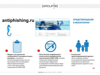antiphishing.ru 
ПРЕДОТВРАЩЕНИЕ 
И МОНИТОРИНГ 
1 
2 
3 
Форма для принятия сообщений о подозрительных ресурсах, созданных для целенаправленных атак на пользователей сети Интернет. Проект функционирует с 2012 года при участии специалистов CERT-GIB 
Полученная информация немедленно направляется аналитикам CERT-GIB, которые оперативно обрабатывают поступающие обращения и принимают необходимые меры для нейтрализации вредоносных ресурсов 
Социально ориентированный проект: после отправки заявки, пользователям предоставляется возможность поделиться информацией о проекте в соц. сетях 
44 
 