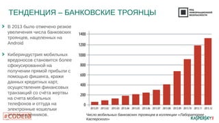ТЕНДЕНЦИЯ – БАНКОВСКИЕ ТРОЯНЦЫ 
В 2013 было отмечено резкое 
увеличения числа банковских 
троянцев, нацеленных на 
Android 
Кибериндустрия мобильных 
вредоносов становится более 
сфокусированной на 
получении прямой прибыли с 
помощью фишинга, кражи 
данных кредитных карт, 
осуществления финансовых 
транзакций со счёта жертвы 
на счета мобильных 
телефонов и оттуда на 
электронные кошельки 
злоумышленников. Число мобильных банковских троянцев в коллекции «Лаборатории 
19 
Касперского» 
 