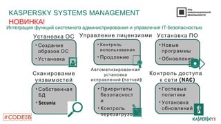KASPERSKY SYSTEMS MANAGEMENT 
НОВИНКА! 
Интеграция функций системного администрирования и управления IT-безопасностью 
Установка ОС Управление лицензиями Установка ПО 
• Создание 
образов ОС 
• Установка 
• Контроль 
использования 
• Продление 
• Новые 
программы 
• Обновления 
• Собственная 
БД 
• Secunia 
• Приоритеты 
безопасност 
и 
• Контроль 
перезагрузок 
• Гостевые 
политики 
• Установка 
обновлений 
Сканирование 
уязвимостей 
Автоматизированная 
установка 
исправлений (патчей) 
Контроль доступа 
к сети (NAC) 
 
