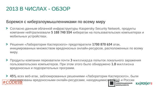 2013 В ЧИСЛАХ - ОБЗОР 
9 
Боремся с киберзлоумышленниками по всему миру 
Согласно данным облачной инфраструктуры Kaspersky Security Network, продукты 
компании нейтрализовали 5 188 740 554 кибератак на пользовательских компьютерах и 
мобильных устройствах. 
Решения «Лаборатории Касперского» предотвратили 1700 870 654 атак, 
инициированных множеством вредоносных онлайн-ресурсов, расположенных по всему 
миру. 
Продукты компании перехватили почти 3 миллиарда попыток локального заражения 
пользовательских компьютеров. При этом этого было обнаружено 1.8 миллиона 
вредоносных и подозрительных программ. 
45% всех веб-атак, заблокированных решениями «Лаборатории Касперского», были 
инициированы вредоносными онлайн-ресурсами, находящимися в США и России 
 