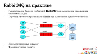 RabbitMQ на практике 
• Использование брокера сообщений RabbitMQ для выполнения отложенных 
трудоемких задач 
• Пересчет множеств хранящихся в Redis при изменениях сущностей системы 
• Консьюмеры пишут в master 
• Фронтэнд читает со slave 
 