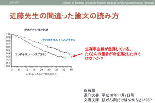 2014/11/7 Division of Medical Oncology, Nippon Medical School Musashikosugi Hospital 
近藤先生の間違った論文の読み方 
生存率曲線が急落している。 
たくさん...