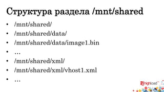 Структура раздела /mnt/shared 
• /mnt/shared/ 
• /mnt/shared/data/ 
• /mnt/shared/data/image1.bin 
• … 
• /mnt/shared/xml/ 
• /mnt/shared/xml/vhost1.xml 
• … 
 