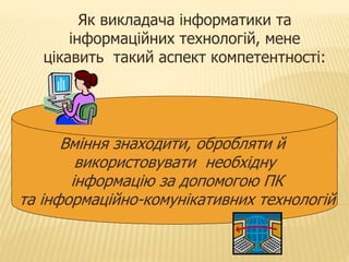 Як викладача інформатики та 
інформаційних технологій, мене 
цікавить такий аспект компетентності: 
Вміння знаходити, обробляти й 
використовувати необхідну 
інформацію за допомогою ПК 
та інформаційно-комунікативних технологій 
 