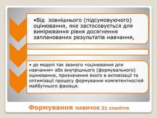 •Від зовнішнього (підсумовуючого) 
оцінювання, яке застосовується для 
вимірювання рівня досягнення 
запланованих результатів навчання, 
• до моделі так званого «оцінювання для 
навчання» або внутрішнього (формувального) 
оцінювання, призначення якого в активізації та 
оптимізації процесу формування компетентностей 
майбутнього фахівця. 
Формування НАВИЧОК 21 століття 
 