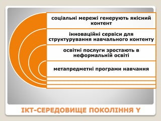 соціальні мережі генерують якісний 
контент 
інноваційні сервіси для 
структурування навчального контенту 
освітні послуги зростають в 
неформальній освіті 
метапредметні програми навчання 
ІКТ-СЕРЕДОВИЩЕ ПОКОЛІННЯ Y 
 